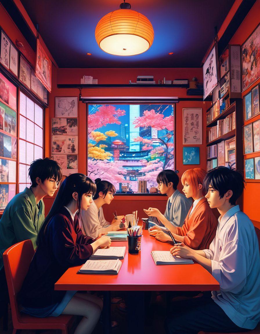 A visually striking illustration depicting a diverse group of anime characters gathered together in a vibrant, colorful room filled with manga and adult-themed artwork. Some characters are engaged in lively discussions, while others are absorbed in reading. The atmosphere is playful yet thought-provoking, blending elements of traditional Japanese culture with modern anime aesthetics. Bright neon lights and a soft focus background enhance the scene's dynamism. super-realistic. vibrant colors. digital art.