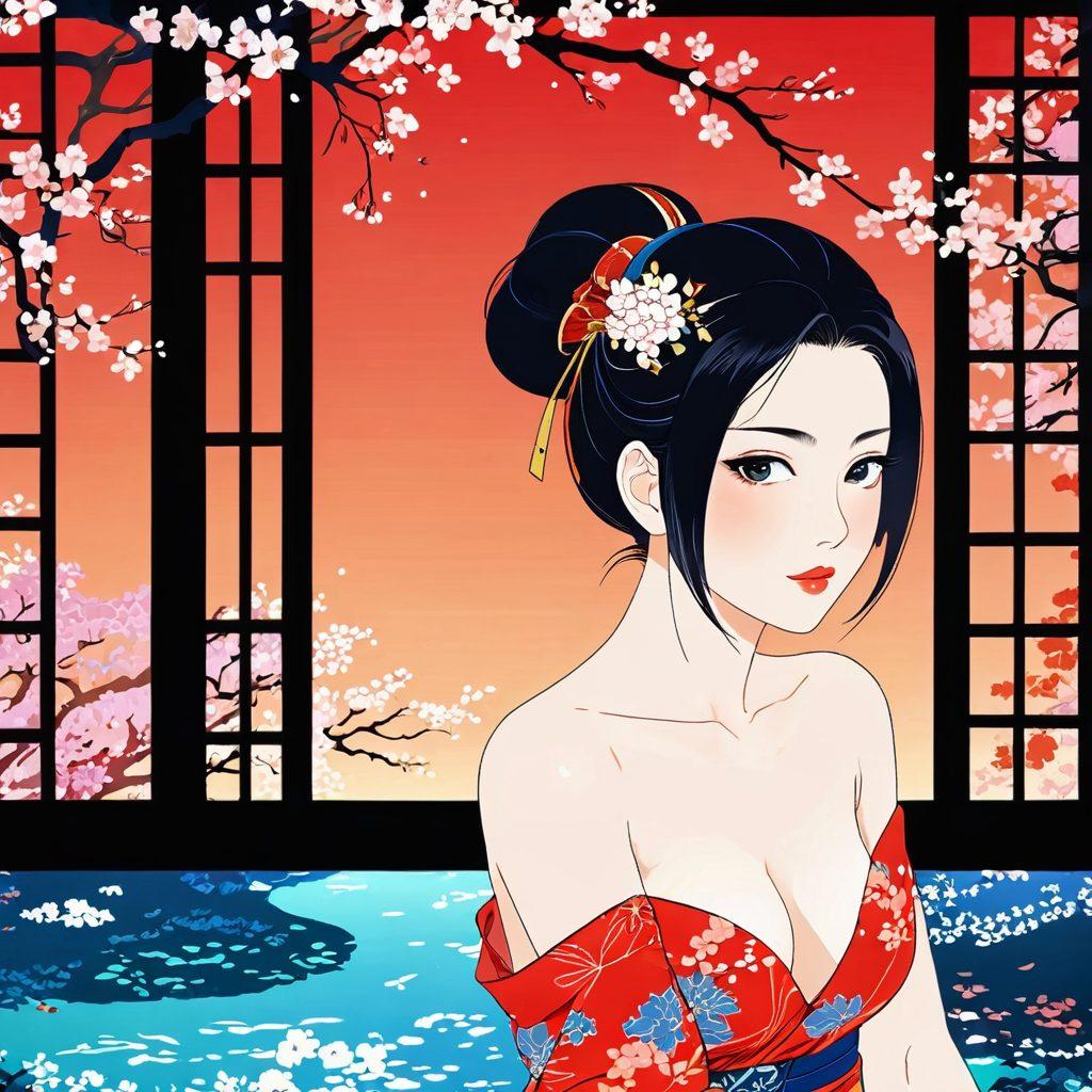 A visually striking contrast of a traditional Japanese animation cell transitioning into a vibrant digital screen, encapsulating elements of erotic art. Surround this with subtle cultural symbols, like cherry blossoms and flowing silk, representing Japan's rich heritage. Showcase a blend of traditional hand-drawn style and modern pixelated effects to highlight the evolution of erotic animation. Include warm, inviting colors that evoke passion and creativity. super-realistic. vibrant colors. digital art.